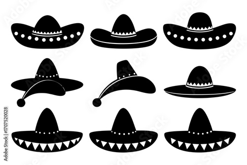 Mexican Hat vector set,set of Sombrero Hats simple black silhouette vector