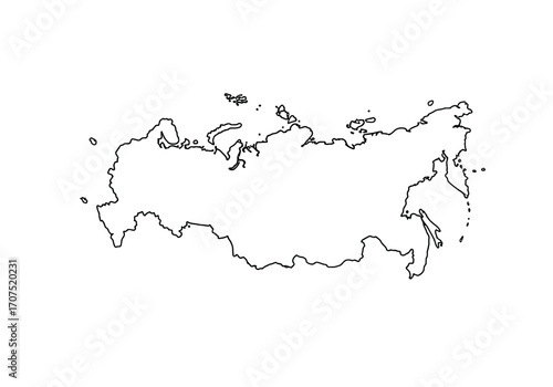 Outlined map of Russia black line on white background