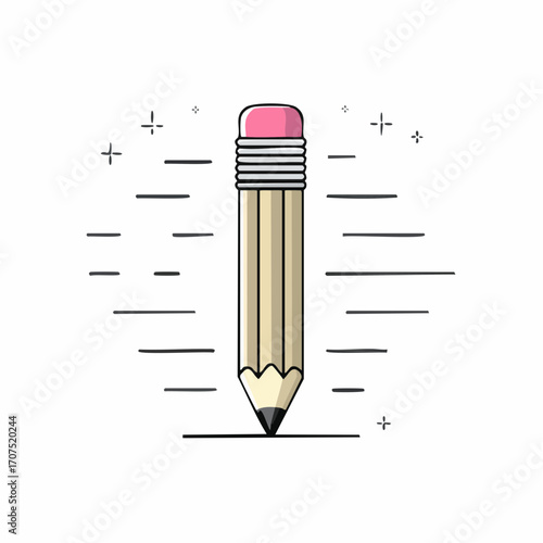 Pencil stands upright on a white surface with decorative lines around it, symbolizing creativity and precision in a minimalist style.