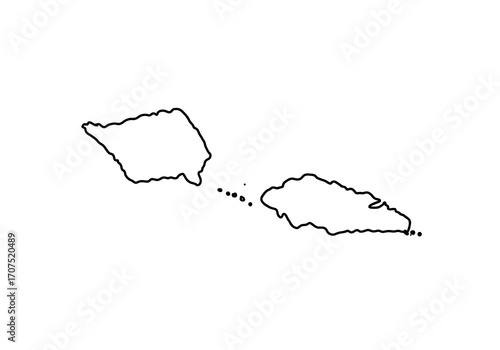 Outlined shapes of two islands linked by a dotted line on a white background