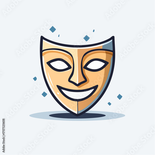 Smiling theatrical mask represents drama and performance art with simple lines and a light color palette, evoking themes of creativity and expression.