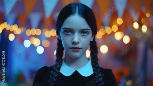 A young girl with long black hair and braids wears a Gothic costume at a Halloween party. The background features colorful decorations and soft lights.
