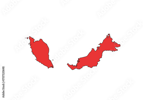 Red Malaysia map outline split into two sections on white background