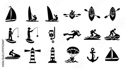 Collection of water sports and nautical icons.