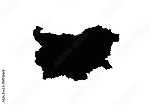 Silhouette of Bulgarias map in solid black against a stark white background