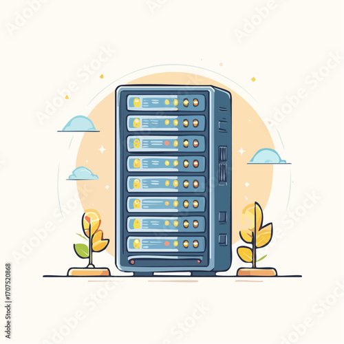 Server rack stores data in digital cloud with potted plants and pastel colors representing growth and connectivity.