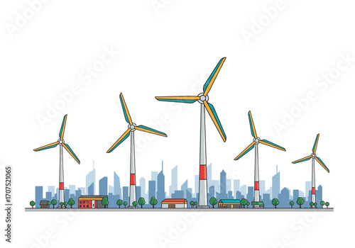 Wind Turbines Powering City Skyline.