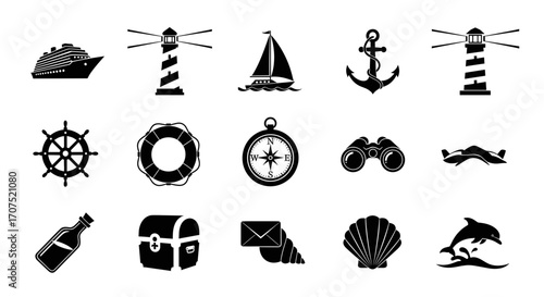 A collection of black and white icons representing various nautical, maritime, and sea travel themes.