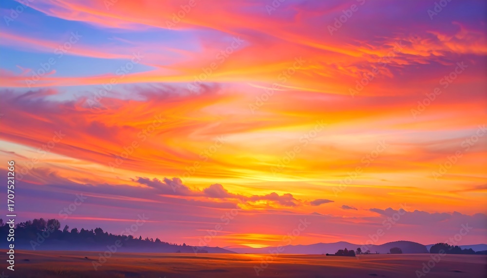 Fototapeta premium Vibrant sunset over a misty plain