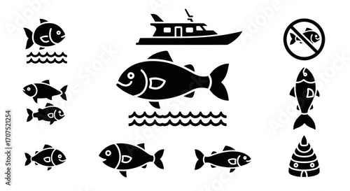 Collection of black and white fish icons, including fishing boat and no fishing sign.