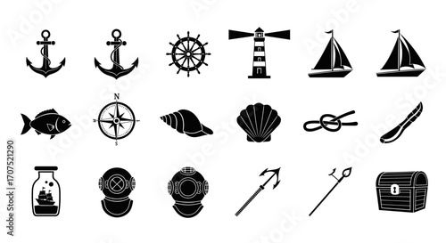 Black and white nautical icons set with anchor, ship wheel, lighthouse, sailboat, fish, compass, shell, knot, and treasure chest.