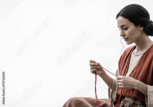 Biblical portrait of Rahab with the scarlet cord, a symbol of her faith, protection, and salvation. Minimalist high-key composition with ample copy space.