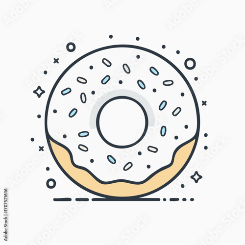 Delicious donut with white frosting and sprinkles sitting on a white surface, perfect for a sweet treat or breakfast, creating a cheerful and tempting vibe.