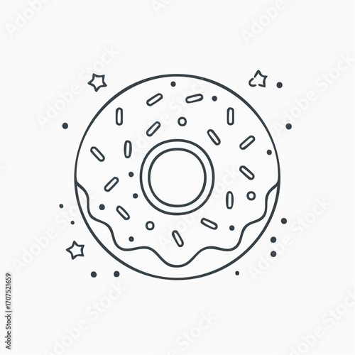 Donut with sprinkles outlined in black rests on white surface with stars floating around it, creating a simple and clean aesthetic.