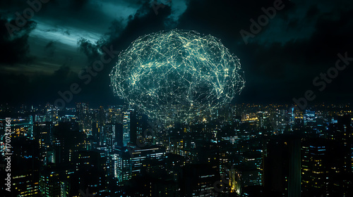 A glowing digital brain hovers over a futuristic city at night, illuminated by interconnected neural networks against a dark sky.