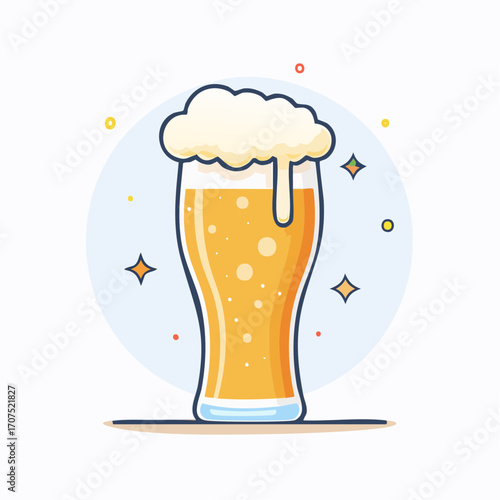 Refreshing beer glass filled with golden liquid and foamy head sits on a table, sparkling with light, creating a celebratory and inviting atmosphere.