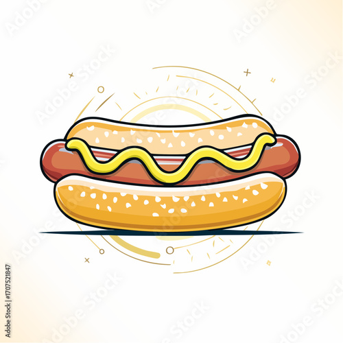 Delicious hot dog topped with mustard sits on a plate, ready to be enjoyed as a tasty and satisfying meal, perfect for a quick lunch or snack.