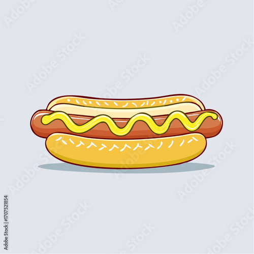 Cartoon hotdog sits on a plain surface with mustard on top, creating a simple and appetizing image, suitable for foodrelated projects.