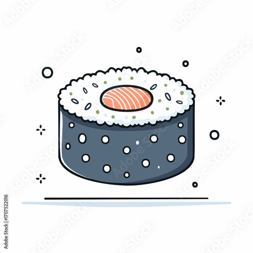 Sushi roll with salmon sits on a surface, surrounded by small decorative elements, creating a clean and minimalist aesthetic.