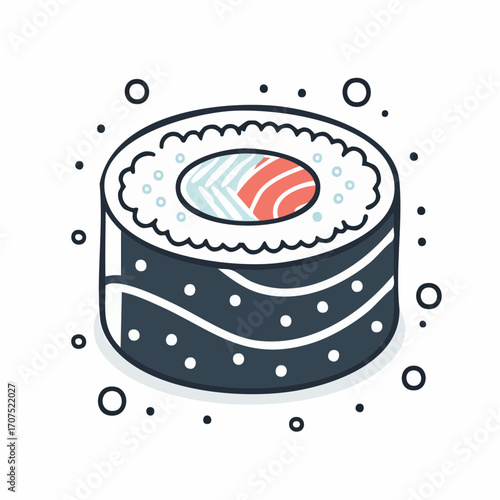 Sushi roll sits on white surface, showcasing salmon and rice filling with decorative seaweed pattern, conveying deliciousness and artistry.