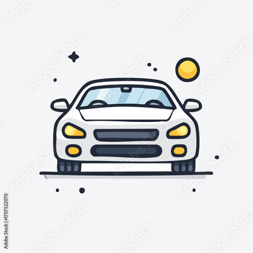 White car driving on road during daytime with bright headlights and sun shining, creating a cheerful and energetic vibe.