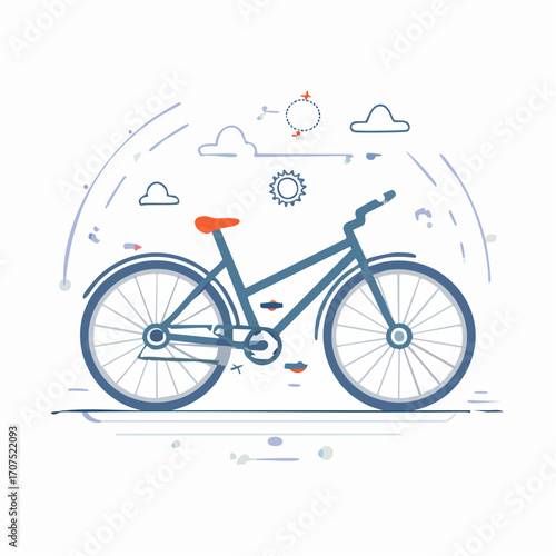 Blue bicycle rides along a winding path under a sunny sky with fluffy clouds, conveying a sense of freedom and adventure.