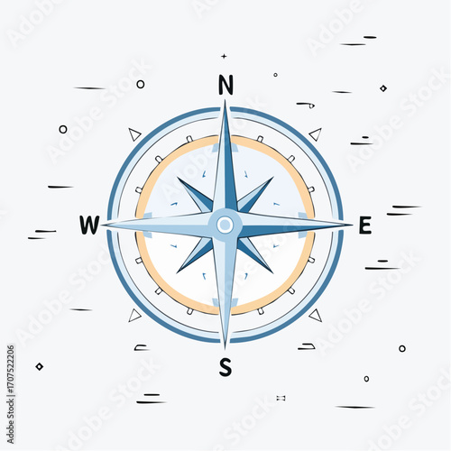 Blue and gold compass points north, south, east and west on a white surface, representing navigation and exploration, creating a sense of adventure.