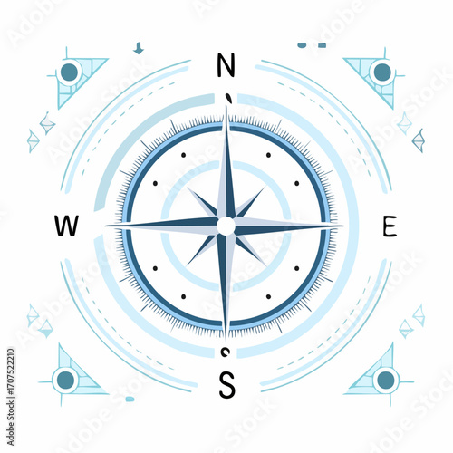 Compass points north on futuristic interface with circular elements and corner accents, creating a modern navigational tool for exploration and guidance.