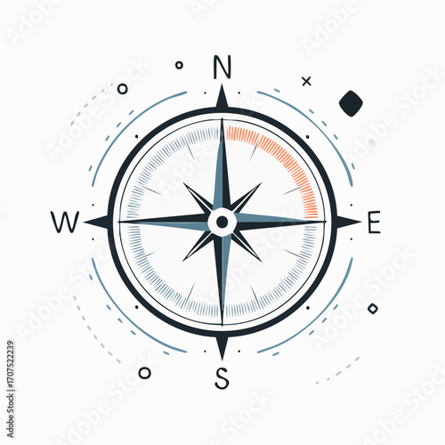 Compass indicating direction on white surface representing guidance and exploration with minimalist aesthetic, conveying precision and navigational assistance.