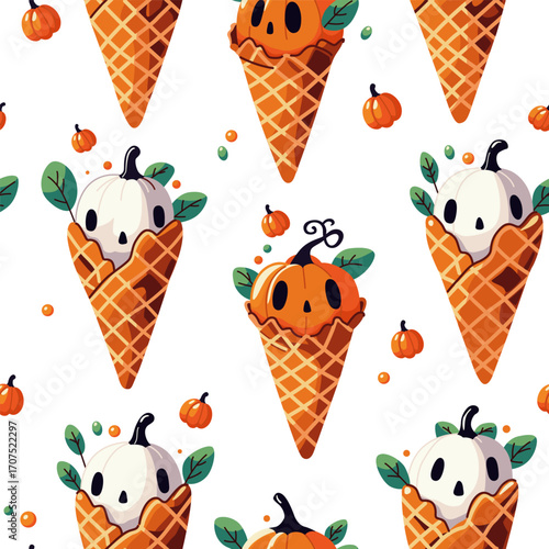 Seamless pattern with fancy pumpkins - ice cream in waffle cones for Halloween.