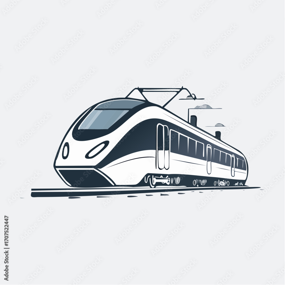 Naklejka premium Modern highspeed train travels along the railway tracks, showcasing sleek transportation technology and efficient travel in a minimalist style.