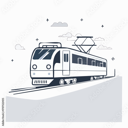 Modern train travels along tracks through countryside under a cloudy sky, showcasing transportation and travel.