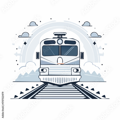 Train travels along the tracks through a scenic landscape with mountains and clouds, conveying a sense of journey and adventure.