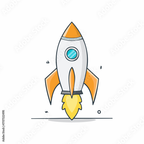 Rocket ship launching into space with bright flames and orange details, symbolizing innovation and the excitement of new beginnings.