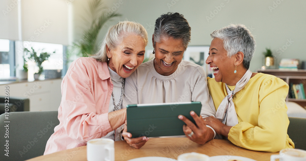 Fototapeta premium Laughing, senior and women in nursing home with tablet, entertainment and funny online post. Happy, elderly and female people in retirement center with technology, video streaming or internet comedy
