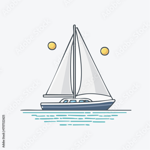 Sailboat glides across calm ocean waters under a bright sunny sky, creating a peaceful and serene nautical scene with gentle waves and clear horizon.