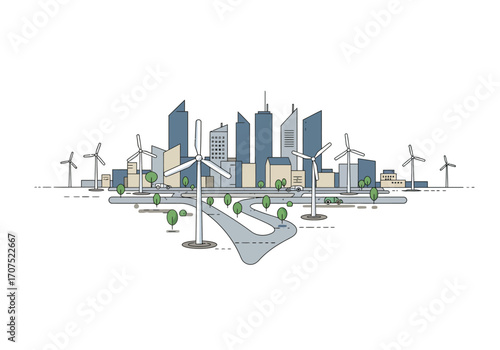 Sustainable Cityscape: Wind Turbines and Modern Buildings.