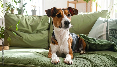 A relaxed brown, black, and white dog reclines on a green sofa, looking to the right with alertness. Natural light streams in