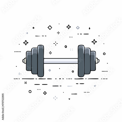 Dumbbell sits centered against white backdrop with decorative elements suggesting fitness and strength, communicating a sense of healthy lifestyle.