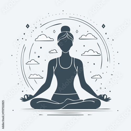 Woman meditating in lotus position surrounded by clouds and cosmic elements, finding inner peace and balance through mindfulness and spiritual practice.