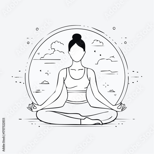 Woman meditating in lotus position with serene expression, surrounded by circular frame with clouds, promoting mindfulness and inner peace through yoga practice.