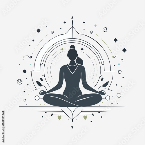 Woman meditating in lotus position surrounded by geometric shapes and celestial elements, creating a serene and spiritual atmosphere.