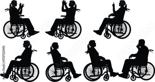 Wheelchair users, silhouette figures, inclusive gestures, communication, accessibility, diversity, mobility, empowerment, healthcare, support, disability, independence, lifestyle, expression