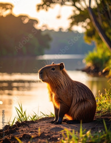 A rodent sits peacefully by a river bank, bathed in golden sunset light, with lush vegetation in the background