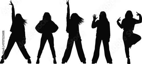 Silhouette dancers in dynamic poses performing expressive movements, energetic choreography, modern dance art, creative performance illustration on white background for artistic design