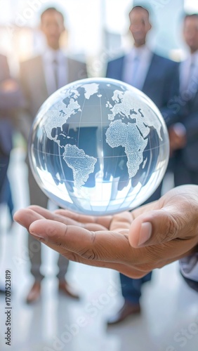 A hand presents a glass globe, with blurred figures in suits behind, in a bright indoor space.  The focus is on the hand and globe