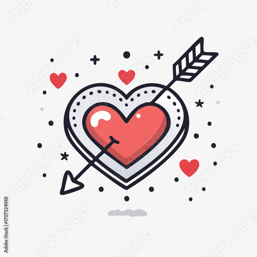 Heart pierced by arrow symbolizes love and affection with decorative elements on clean white backdrop, conveying romance and connection.