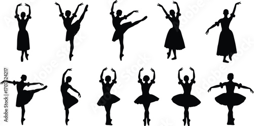 Elegant black silhouette ballet dancers in various classical poses wearing tutus, showcasing graceful movement, performance art, and traditional dance beauty