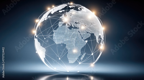 Global network sphere.  A translucent globe, detailed with world map outlines.  Connections radiate outward from points on the globe.  Soft light highlights the sphere and network