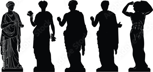 Classical Greco Roman statues silhouettes in artistic row, ancient sculpture figures with detailed and shadowed forms for historical art design